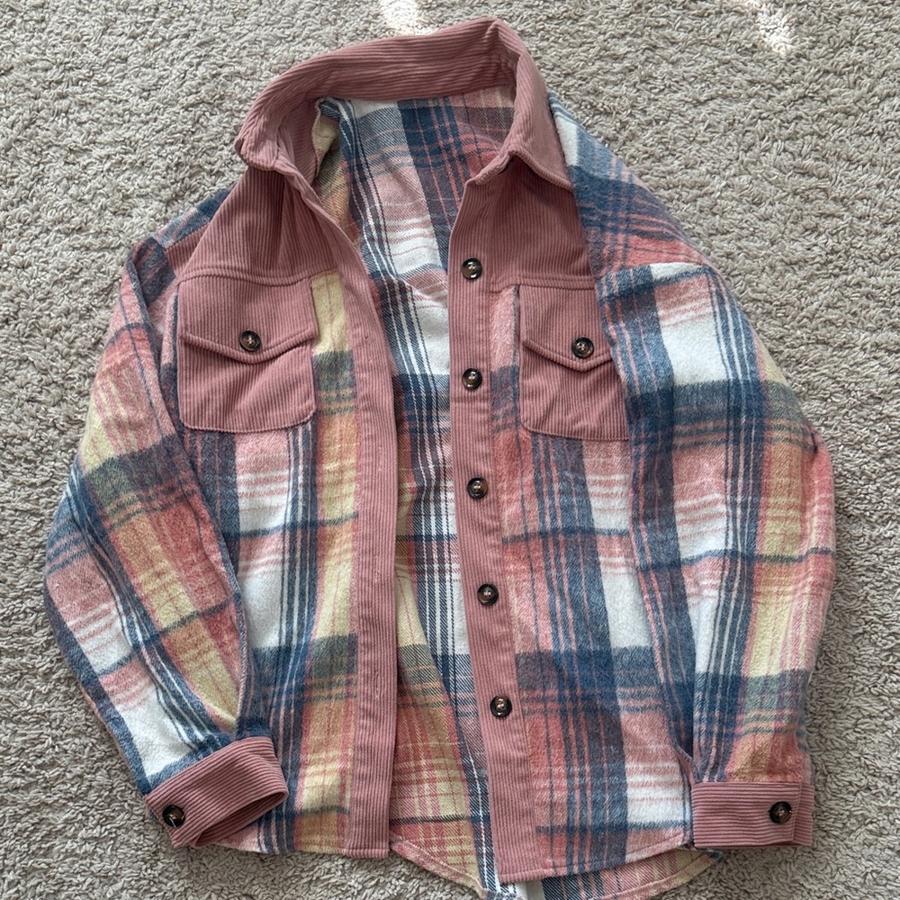 Plaid Button-Up Shirt with Corduroy Accents